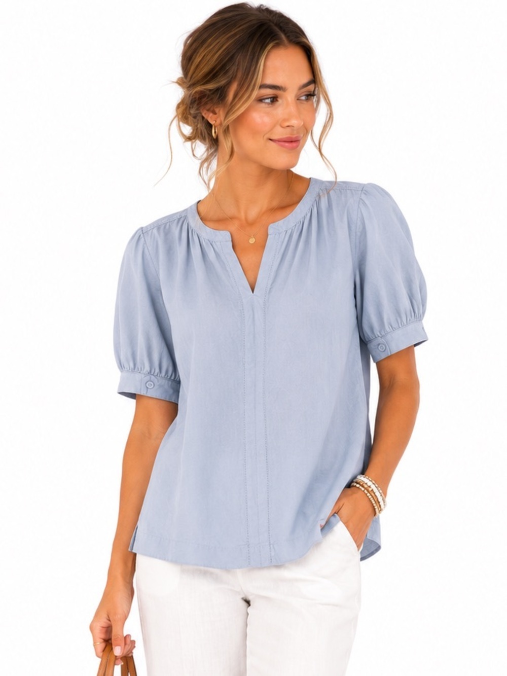 UNIQLO Linen Blend Puff Sleeve Blouse Lightweight Coastal Blue Size S